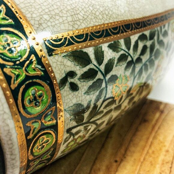 Porcelain Vase Green/Gold Botanical Motif Hand Painted Gilt Accent China - Picture 9 of 13